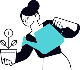 A smiling woman in a black shirt and white pants watering a potted plant with a teal watering can isolated on transparent background © Saiful
