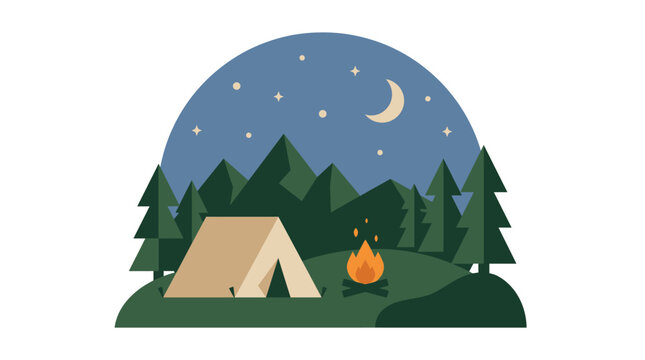 Serene nighttime camping scene with tent and campfire under starry sky and crescent moon in forest peaceful outdoor adventure concept