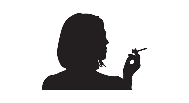 Profile view silhouette of woman smoking cigarette against solid white background portraying habit and addiction themes.