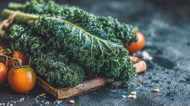 Fresh tuscan kale and cherry tomatoes on wooden board with salt lacinato kale vegetable