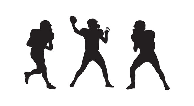 Quarterback silhouette set showing running and throwing football ball for sports event advertising and coaching materials.