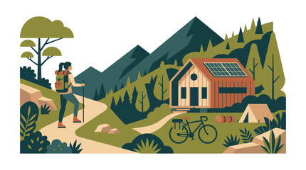 Eco friendly mountain cabin with solar panels and hiker bicycle tent in nature sustainable travel and adventure concept. © Dikzma