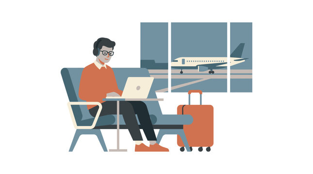 Man sitting with luggage at airport lounge working on laptop preparing for travel or on layover with airplane visible through window.