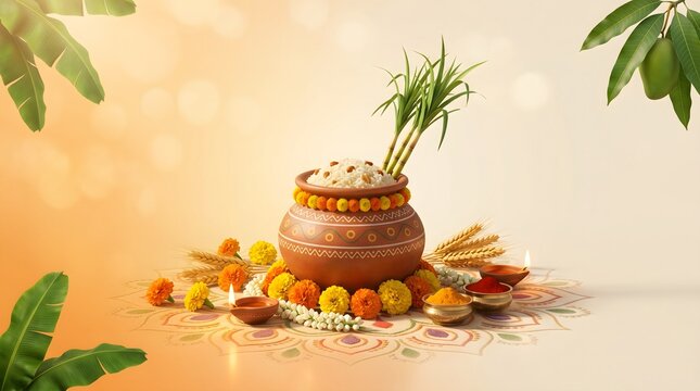 Mithuna sankranti festival background with traditional indian decorations and offerings