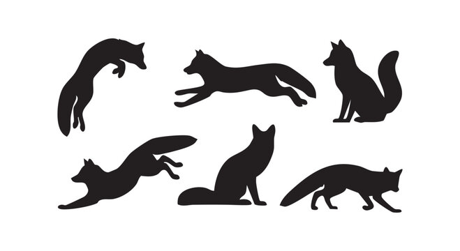 Set of black fox silhouettes in various action poses like jumping running and sitting isolated on white background vector.