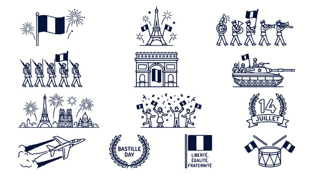 France National Day Celebration Icons: Bastille Day, Eiffel Tower, Arc de Triomphe, Fireworks