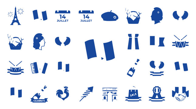 French Bastille Day Icons: Eiffel Tower, Flag, Beret, Fireworks, Accordion, Rooster