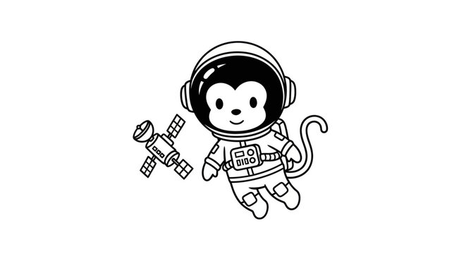 Cute cartoon monkey astronaut floating in space next to a satellite, hand-drawn illustration, black and white