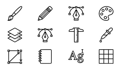 Art and graphic design editable stroke outline icon set with creativity tools brushes palette and vector editing symbols 64x64 pixel perfect collection © Aslam