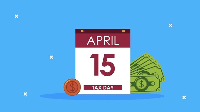 Tax day calendar motion graphics with dollar bills and coin for financial obligation and annual tax return.