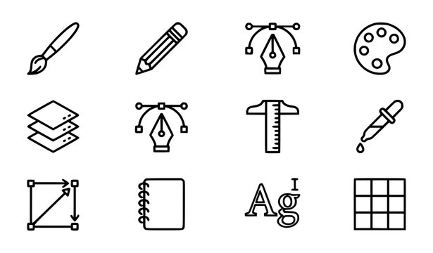 Art and graphic design editable stroke outline icon set with creativity tools brushes palette and vector editing symbols 64x64 pixel perfect collection