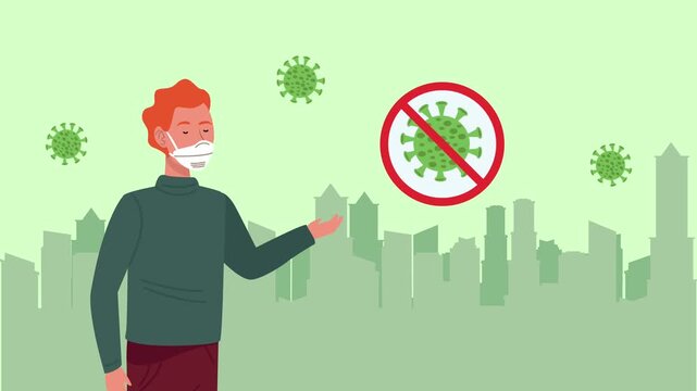 Redhead man wearing medical mask with stop covid19 signal and virus particles in city silhouette backdrop.
