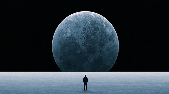surreal night scene with man facing massive moon over ocean