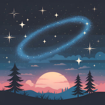 Cosmic ring glowing in starry night sky over silhouetted mountains and pine trees during sunset
