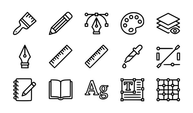 Art and graphic design editable stroke outline icon set with creativity tools brushes palette and vector editing symbols 64x64 pixel perfect collection