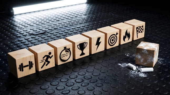 Light Wooden Cubes With Bold Black Stencil Fitness Icons Including Dumbbell Running Timer Trophy Lightning Bolt Target Flame And Finish Flag Arranged In Diagonal Line On Black Rubber Gym Floor With Ch