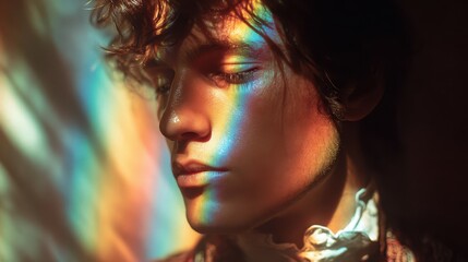 Naklejka premium Artistic portrait of a contemplative young man with rainbow light on his face, a conceptual image of LGBTQ pride, identity, self-acceptance, and inner serenity.