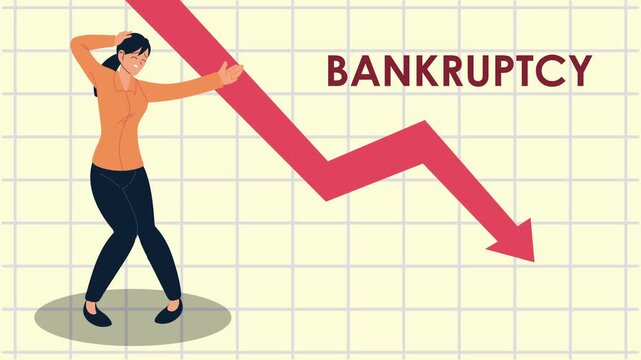 Businesswoman struggling with bankruptcy red falling arrow graph showing financial loss and economic crisis animation on grid background.