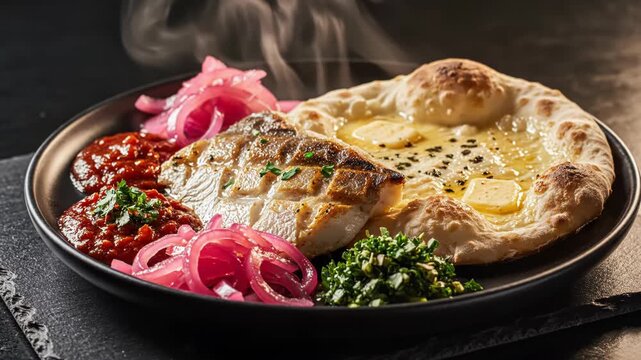 Grilled white fish fillet with char marks served on a black plate with hot buttery naan bread, pickled red onions, spicy red condiment, and chopped herbs with rising steam.