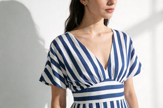 Woman wearing blue and white striped dress
