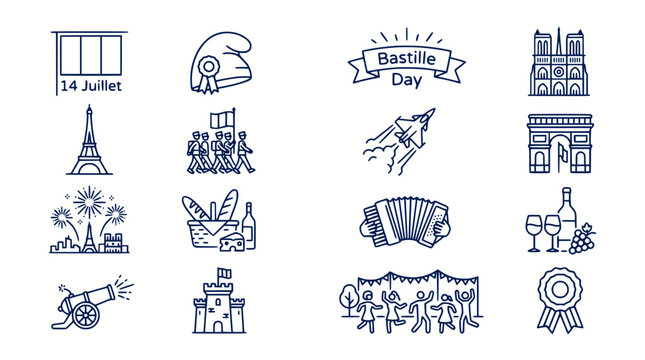 Bastille Day Icons: French National Day Celebration Symbols Collection