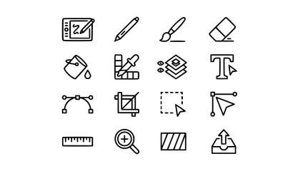 Creative graphic design outline icon set with vector tools paintbrush pen tool color picker and typography symbols pixel perfect 64x64 collection © Aslam