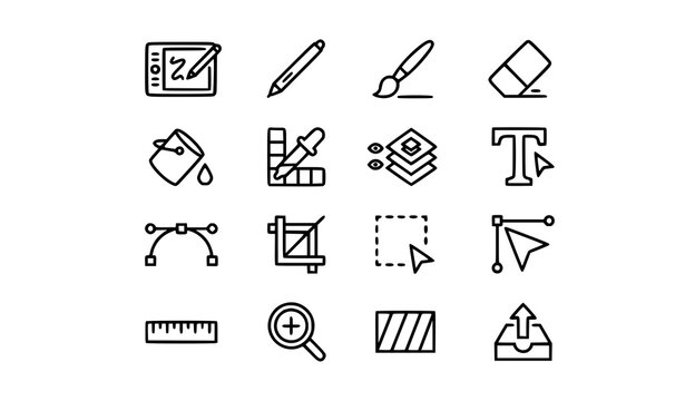 Creative graphic design outline icon set with vector tools paintbrush pen tool color picker and typography symbols pixel perfect 64x64 collection