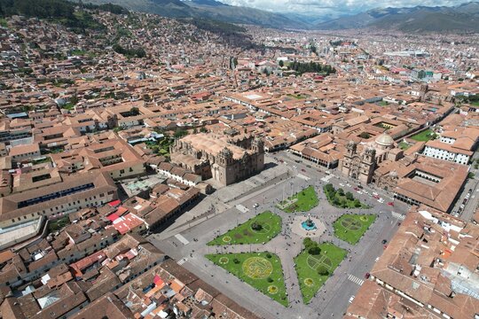 Aerial View of Plaza de Armas and Cusco Cathedral in Cusco Peru
