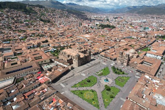 Aerial View of Plaza de Armas and Cusco Cathedral in Cusco Peru
