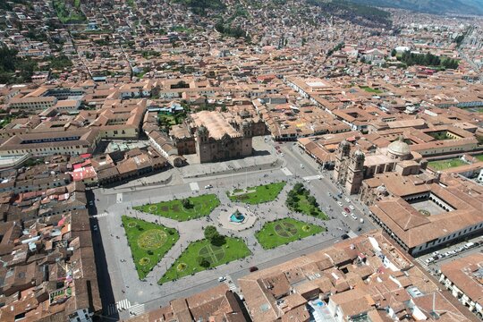 Aerial View of Plaza de Armas and Cusco Cathedral in Cusco Peru