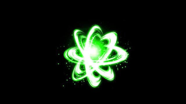 Abstract  light streaks, glowing energy trail, green sword slash effect, atomic orbit swirl, sparkling particles on black background, luxury motion graphics clip, 4k video.