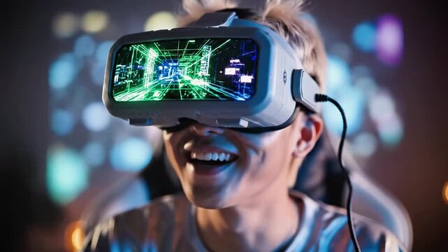 A young boy with short blonde hair wearing a VR headset with colorful graphics