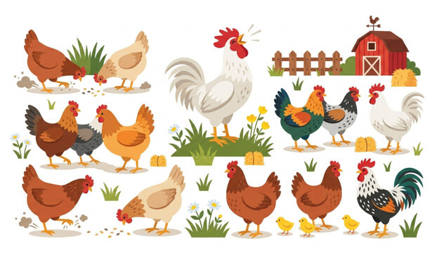 Colorful hen and rooster illustration collection with farm chicken characters in flat vector style