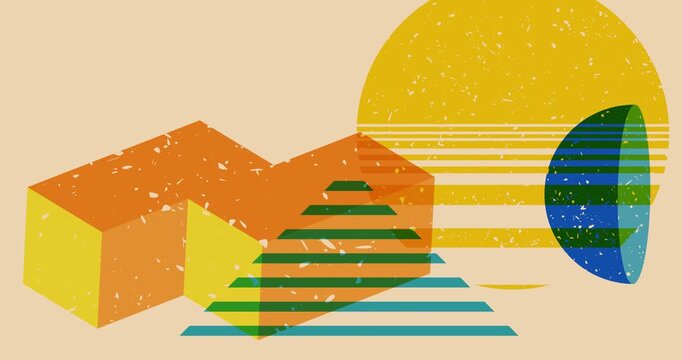 Colorful geometric shapes animation. Object in trendy riso graph design. Geometry elements abstract risograph texture style video.