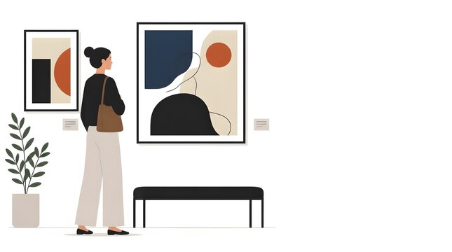 Stylized Woman Looking at Abstract Art in Modern Gallery