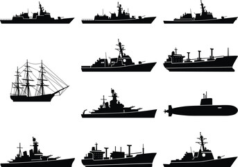 Naval Ships and Vessels Silhouettes - Military Navy Boats and Sailship Vector Illustration Collection  © Hello World