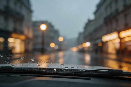 Raindrops on car windshield at night