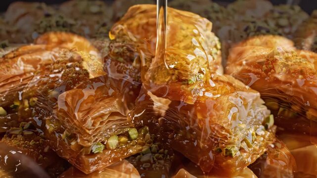 Close-up view of traditional honey-soaked baklava pastries topped with crushed pistachios on a rustic metal tray, featuring layers of phyllo dough and dripping sweet syrup.