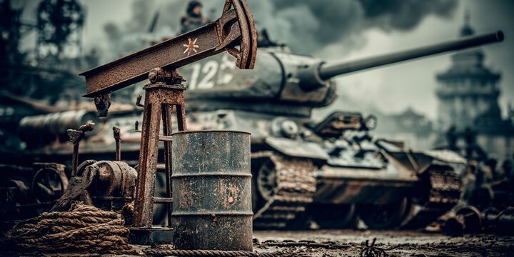 abandoned rusted tank and heavy equipment in warzone landscape