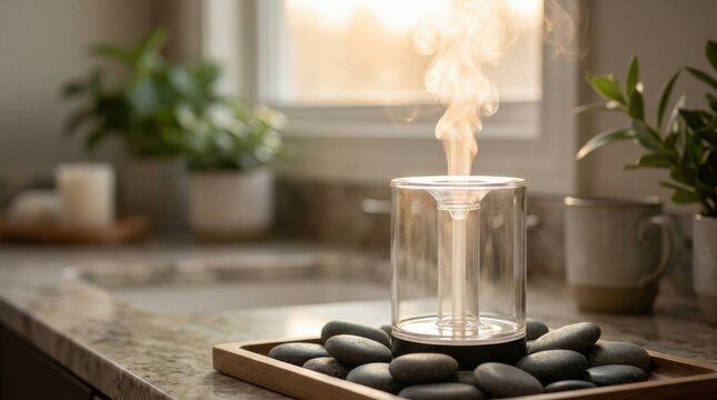 Clear glass aromatherapy diffuser emitting a fine mist with steam rising above smooth stones on a kitchen counter