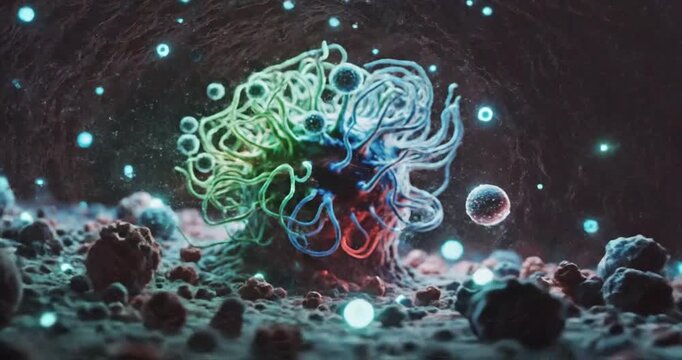 Abstract representation of a vibrant cellular environment showcasing dynamic interactions and energy flow