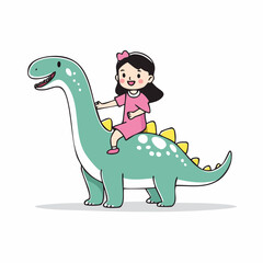 Naklejka premium Cute Girl Riding a Dinosaur