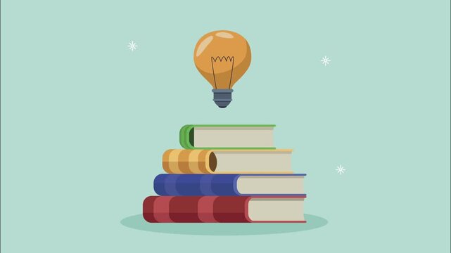 Educational motion graphics with books stacking and lightbulb appearing representing creative idea and knowledge.