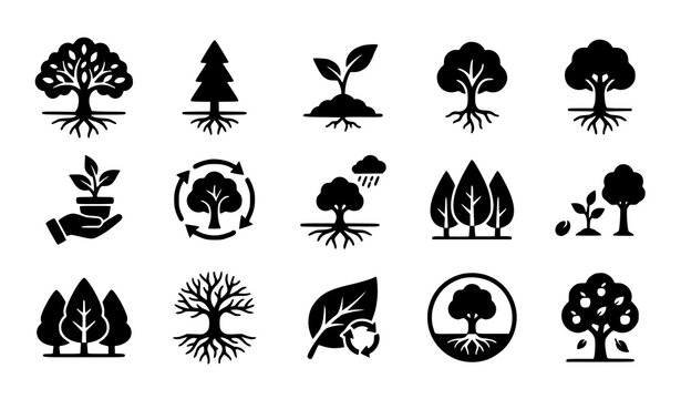 Tree Roots and Leaves Icons Grid: Minimalist Outline and Solid Illustrations for Arboriculture, Eco Branding, Botanical Growth, and Nature Symbols