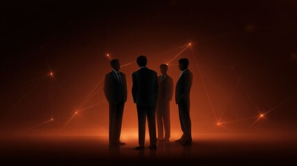 Fototapeta premium Four Business Professionals in Silhouette Engaged in Conversation Against a Glowing Abstract Background Representing Connection and Collaboration