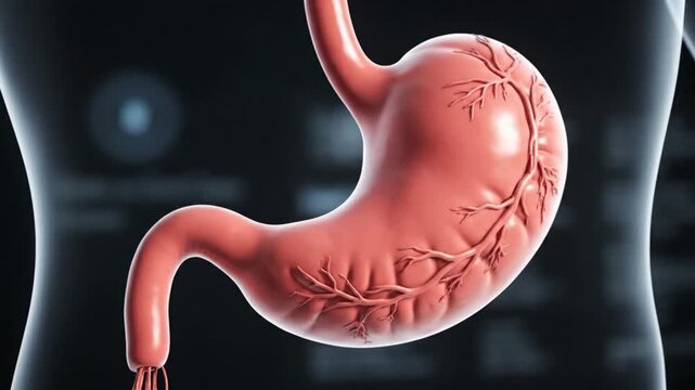 Cinematic 3D medical animation realistic human stomach slowly rotating in center frame detailed anatomical textures smooth organic surface natural pinkish red coloration subtle reflections soft studio