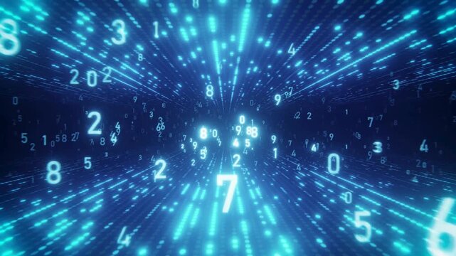 Endless Digital Tunnel with Glowing Blue Flying Numbers and Data Stream