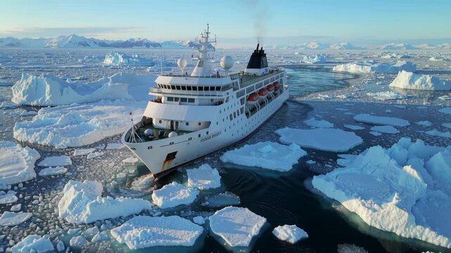 expedition cruise ship navigating broken arctic sea ice aerial view, wide cinematic shot of vessel carving path through frozen ocean with scattered ice floes, remote polar travel, exploration concept