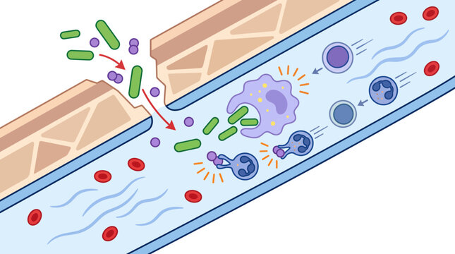 Detailed illustration of bacterial invasion into the bloodstream through damaged tissue, highlighting the immediate cellular immune response with white blood cells engulfing pathogens