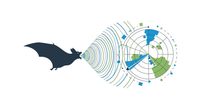 Bat transmitting data waves to a global radar chart, concept of echolocation and data transmission